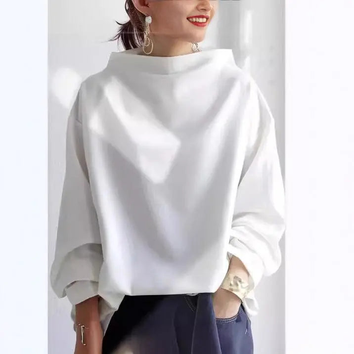 Karin - Women's Oversized Roll Neck Knit Top - White