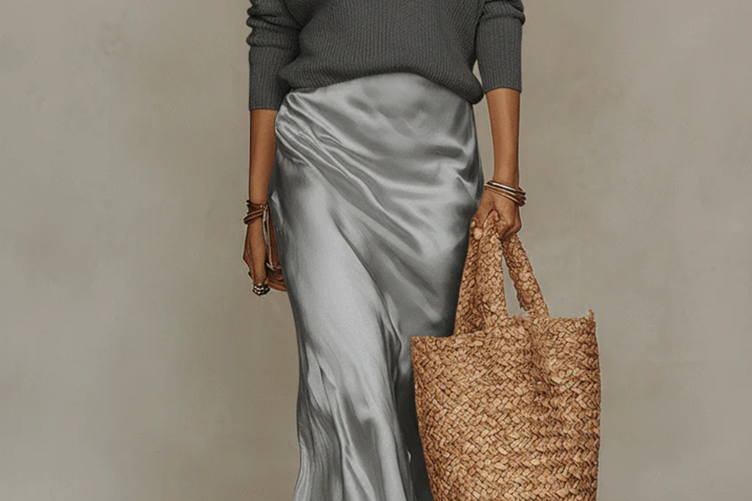 Katarina - Women's Satin Maxi Dress and V-Neck Sweater Set - Gray