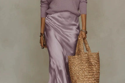 Katarina - Women's Satin Maxi Dress and V-Neck Sweater Set - Purple
