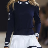 Katie - Women's Striped Knit Dress with Pleated Skirt - Navy