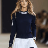 Katie - Women's Striped Knit Dress with Pleated Skirt