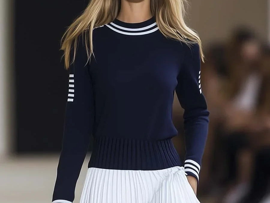 Katie - Women's Striped Knit Dress with Pleated Skirt