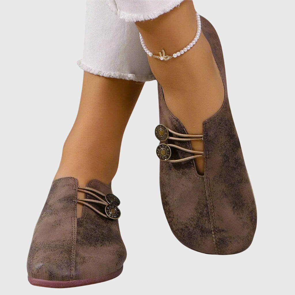 Katrien - Women's Soft Slip-On Flats with Button Detail - Brown