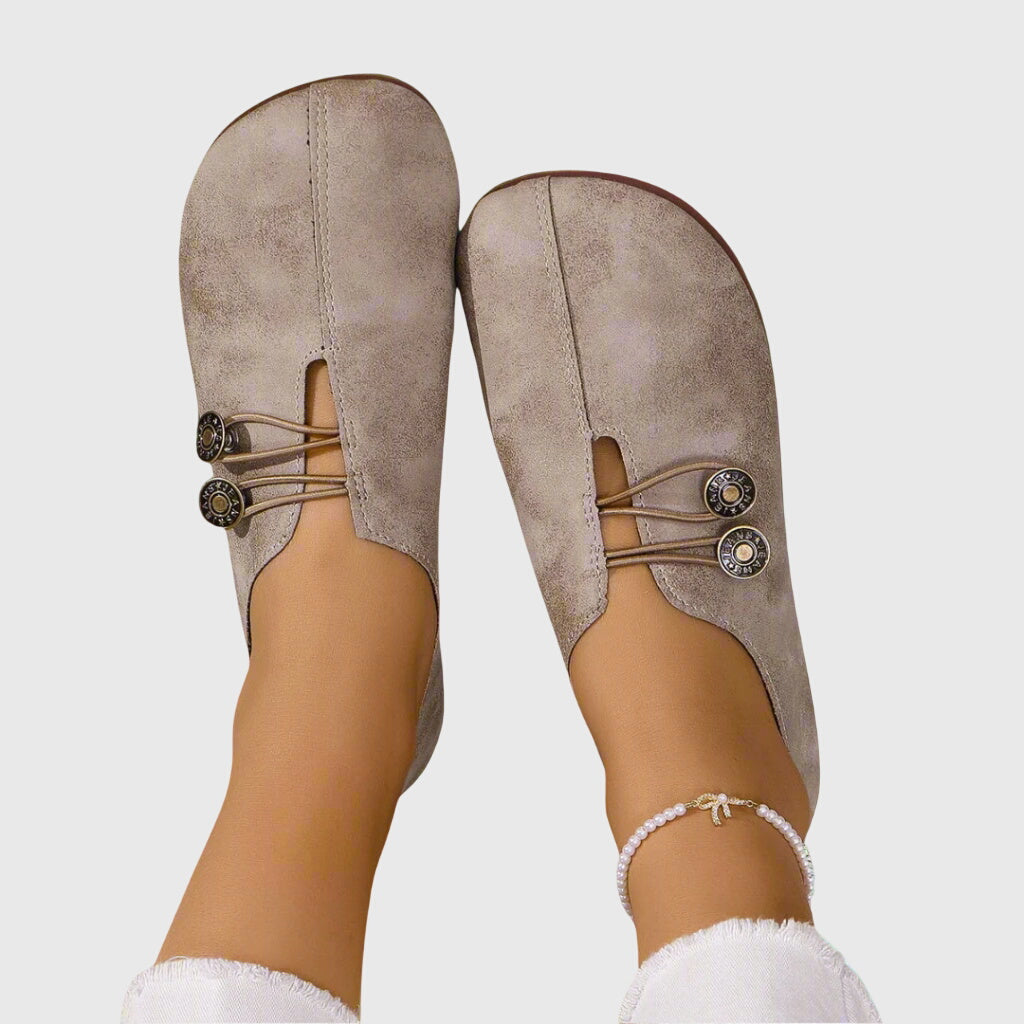 Katrien - Women's Soft Slip-On Flats with Button Detail - Taupe