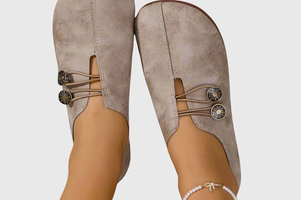 Katrien - Women's Soft Slip-On Flats with Button Detail - Taupe