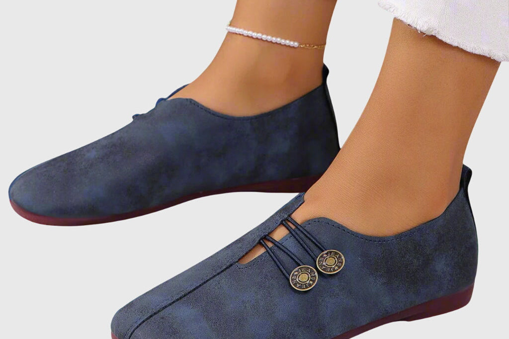 Katrien - Women's Soft Slip-On Flats with Button Detail - Blue
