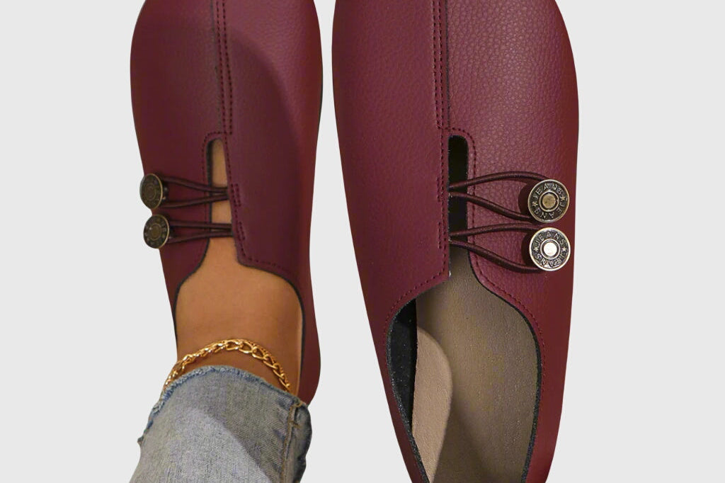 Katrien - Women's Soft Slip-On Flats with Button Detail - Burgundy