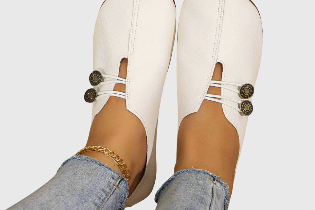 Katrien - Women's Soft Slip-On Flats with Button Detail - White