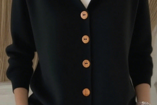 Kay - Women's Hooded Knit Cardigan with Button Front - Black