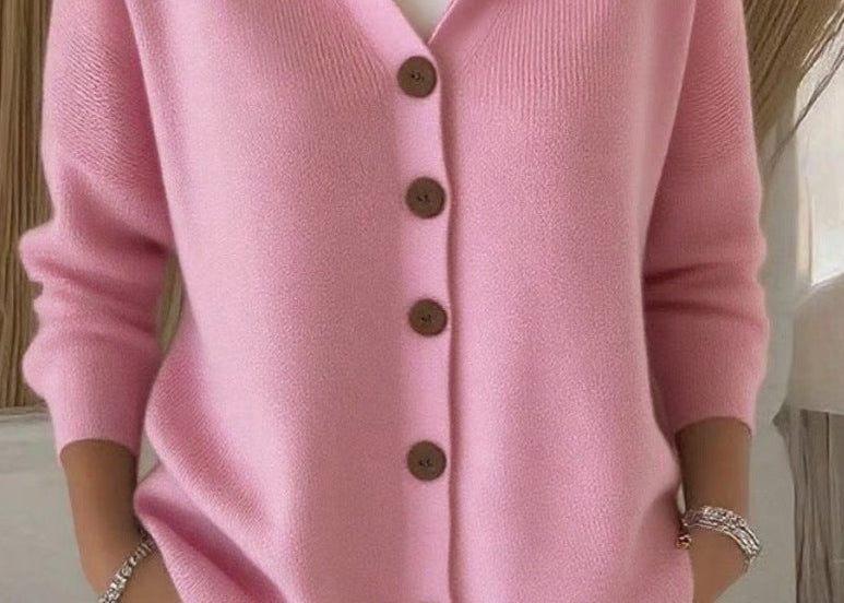 Kay - Women's Hooded Knit Cardigan with Button Front - Pink