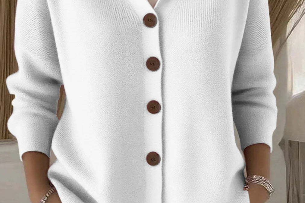 Kay - Women's Hooded Knit Cardigan with Button Front - White