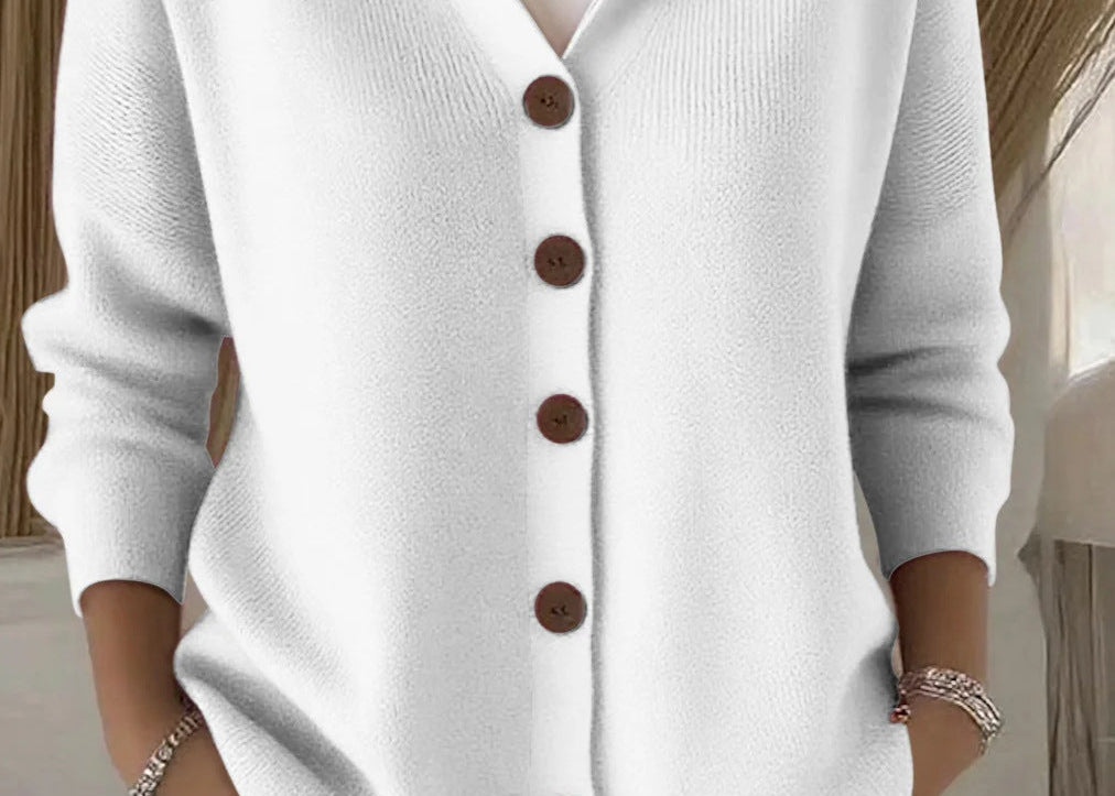 Kay - Women's Hooded Knit Cardigan with Button Front - White