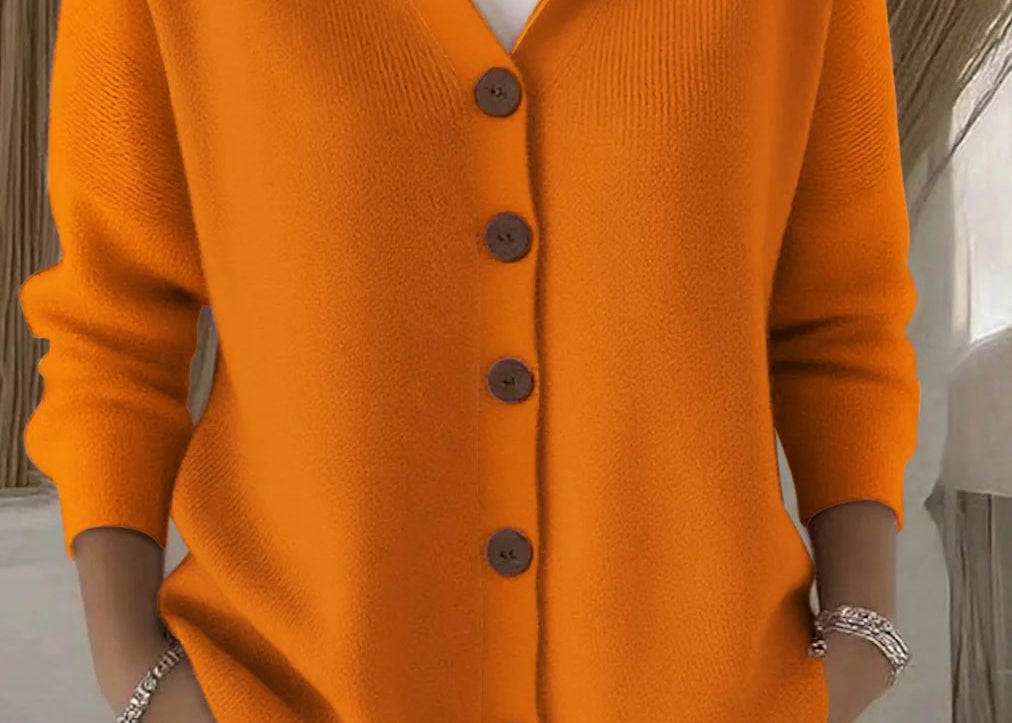 Kay - Women's Hooded Knit Cardigan with Button Front - Orange