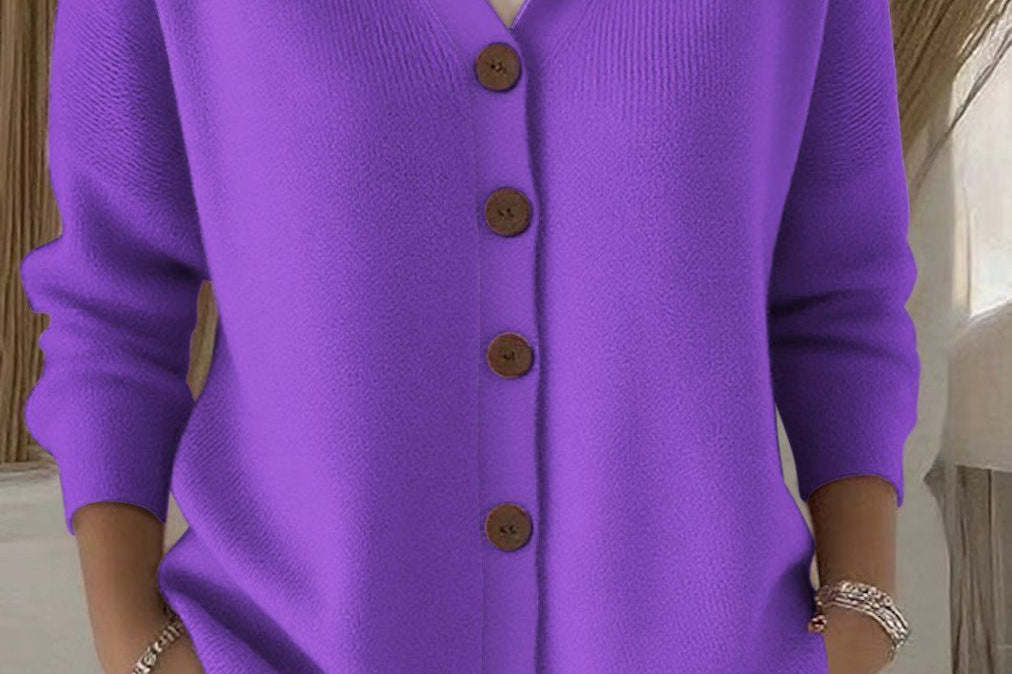 Kay - Women's Hooded Knit Cardigan with Button Front - Purple