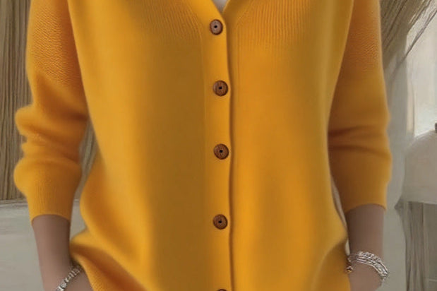 Kay - Women's Hooded Knit Cardigan with Button Front - Mustard