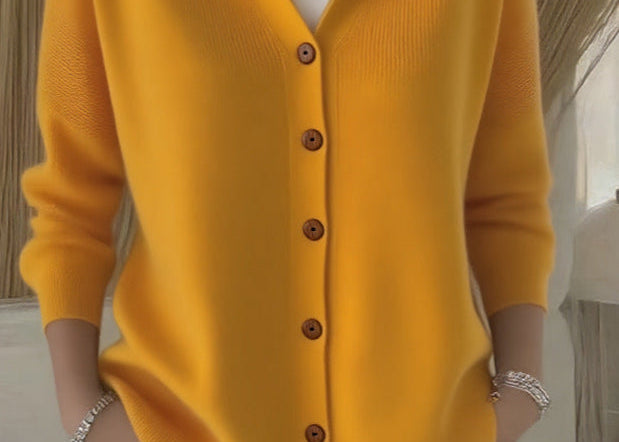 Kay - Women's Hooded Knit Cardigan with Button Front - Mustard