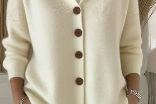 Kay - Women's Hooded Knit Cardigan with Button Front - Off-White