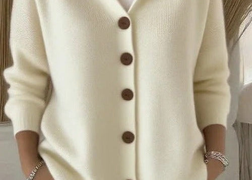 Kay - Women's Hooded Knit Cardigan with Button Front - Off-White