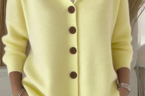 Kay - Women's Hooded Knit Cardigan with Button Front - Yellow