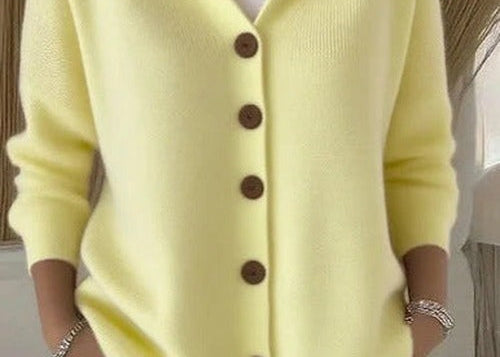 Kay - Women's Hooded Knit Cardigan with Button Front - Yellow