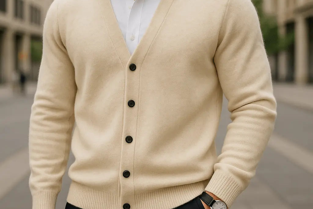 Keaton - Men's Lightweight Cashmere-Blend Button Cardigan - Beige