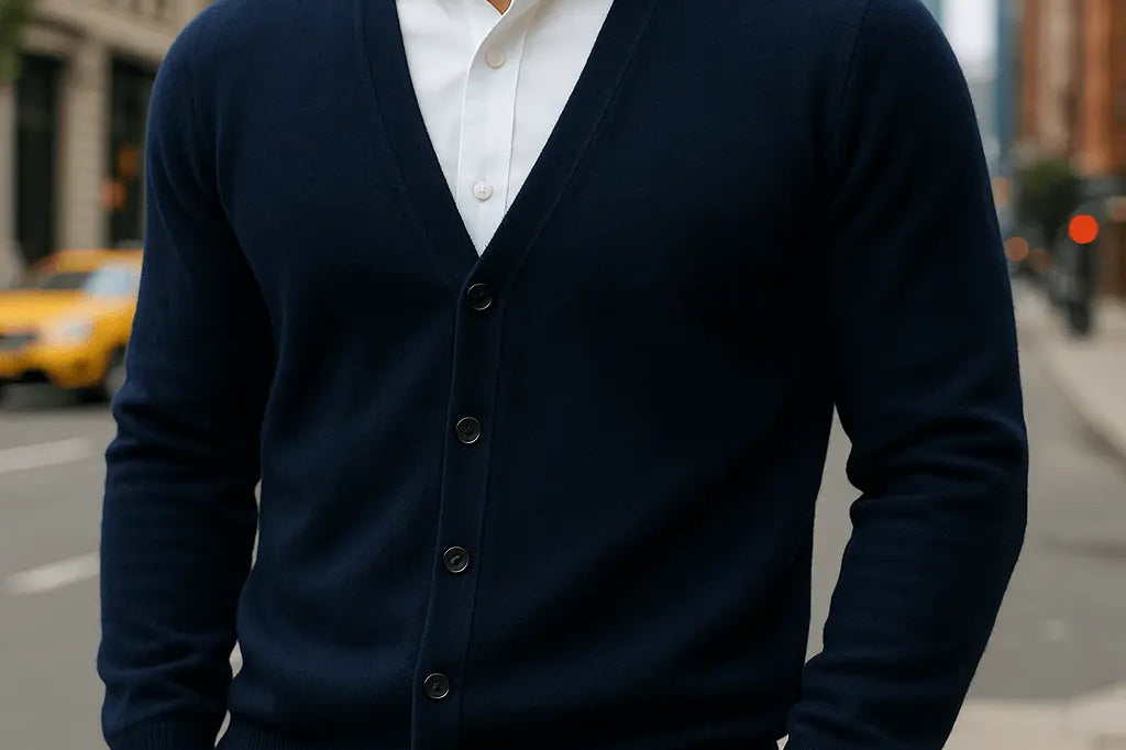 Keaton - Men's Lightweight Cashmere-Blend Button Cardigan - Dark Blue