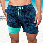 Keith - Men's Printed Swim Trunks with Compression Liner - Navy Palm
