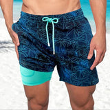 Keith - Men's Printed Swim Trunks with Compression Liner - Navy Palm