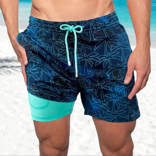 Keith - Men's Printed Swim Trunks with Compression Liner - Navy Palm