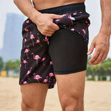 Keith - Men's Printed Swim Trunks with Compression Liner - Black Flamingo
