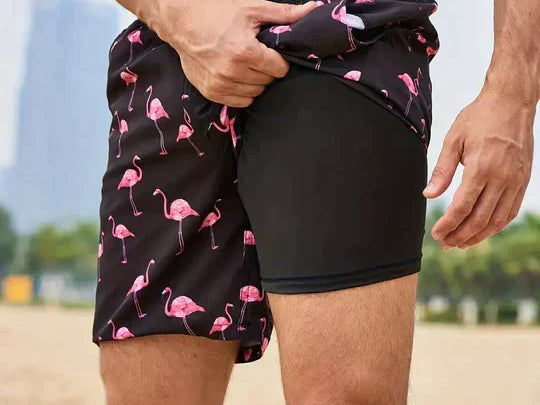 Keith - Men's Printed Swim Trunks with Compression Liner - Black Flamingo