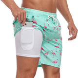 Keith - Men's Printed Swim Trunks with Compression Liner - Mint Flamingo