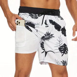 Keith - Men's Printed Swim Trunks with Compression Liner - White Leaf