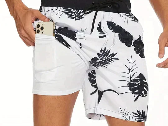 Keith - Men's Printed Swim Trunks with Compression Liner - White Leaf