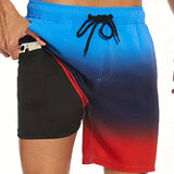Keith - Men's Printed Swim Trunks with Compression Liner - Blue Red Fade