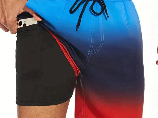 Keith - Men's Printed Swim Trunks with Compression Liner - Blue Red Fade