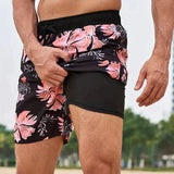 Keith - Men's Printed Swim Trunks with Compression Liner - Black Floral