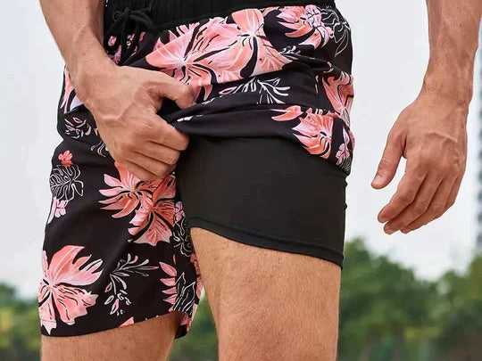 Keith - Men's Printed Swim Trunks with Compression Liner - Black Floral