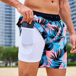 Keith - Men's Printed Swim Trunks with Compression Liner - Pink Tropical
