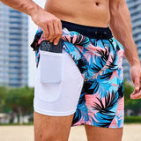 Keith - Men's Printed Swim Trunks with Compression Liner - Pink Tropical