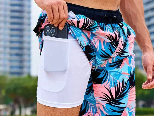 Keith - Men's Printed Swim Trunks with Compression Liner - Pink Tropical