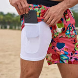Keith - Men's Printed Swim Trunks with Compression Liner - Red Floral