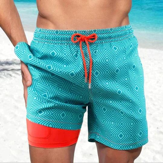 Keith - Men's Printed Swim Trunks with Compression Liner - Teal Geo