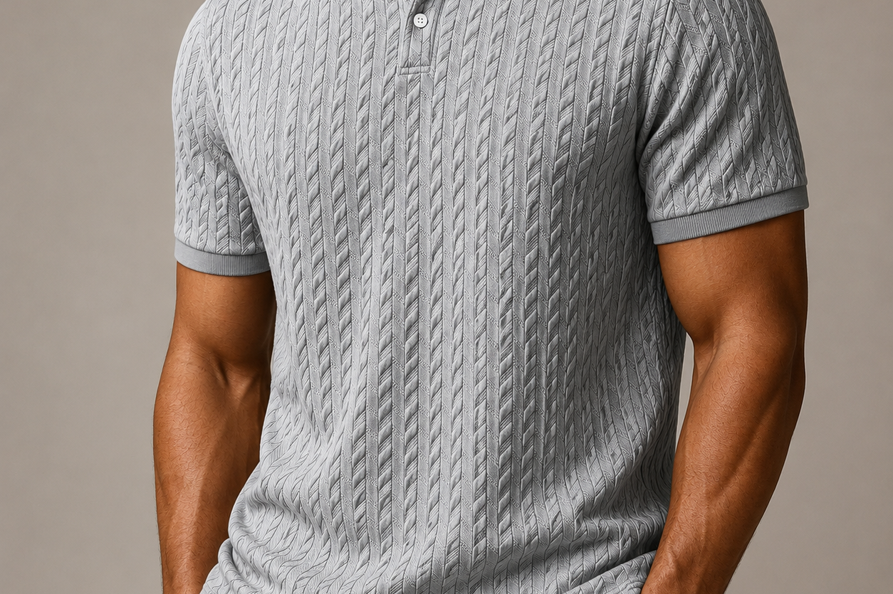 Ken - Men's Cable Knit Polo Shirt with Ribbed Collar