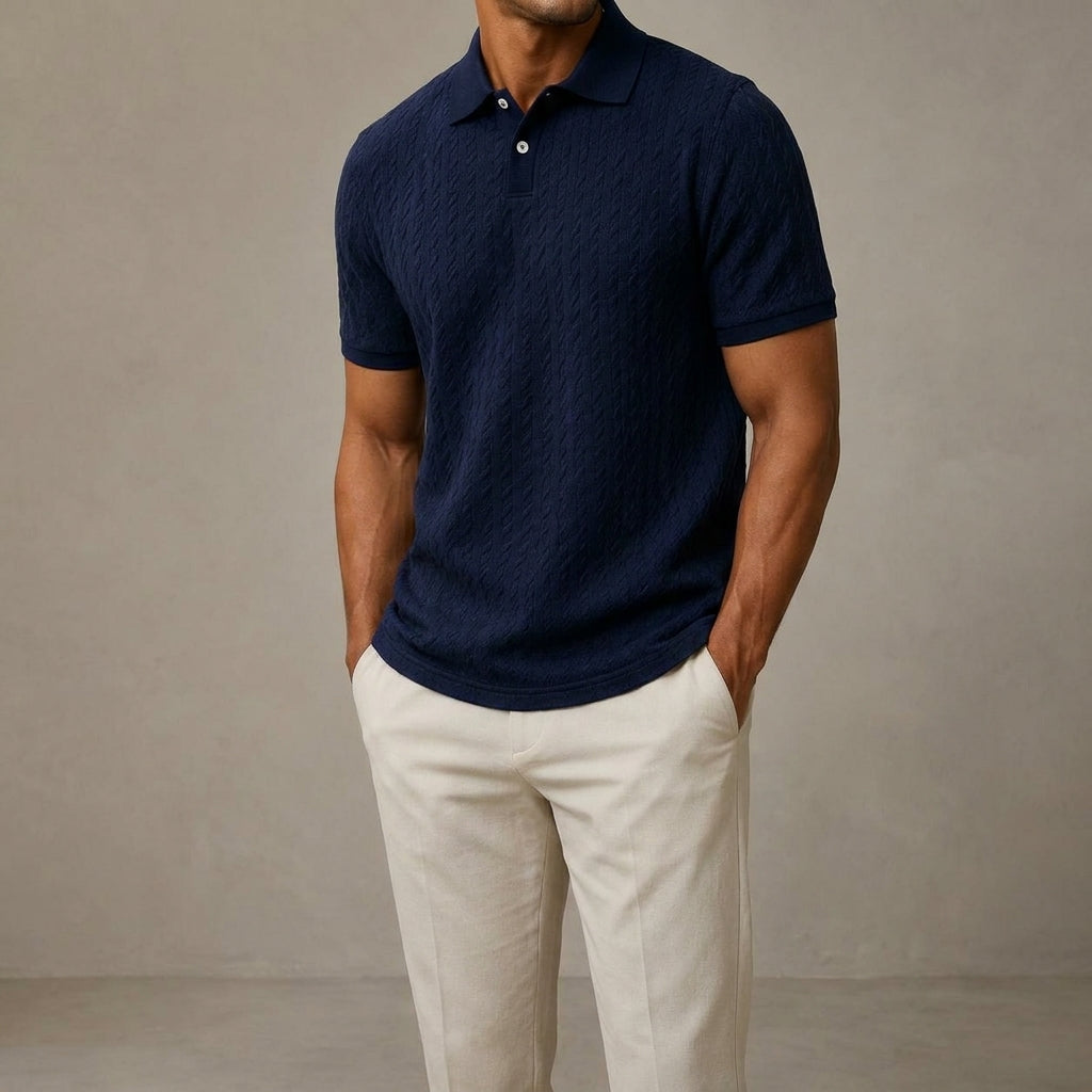 Ken - Men's Cable Knit Polo Shirt with Ribbed Collar