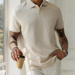 Ken - Men's Cable Knit Polo Shirt with Ribbed Collar - Beige