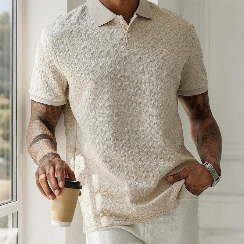 Ken - Men's Cable Knit Polo Shirt with Ribbed Collar - Beige
