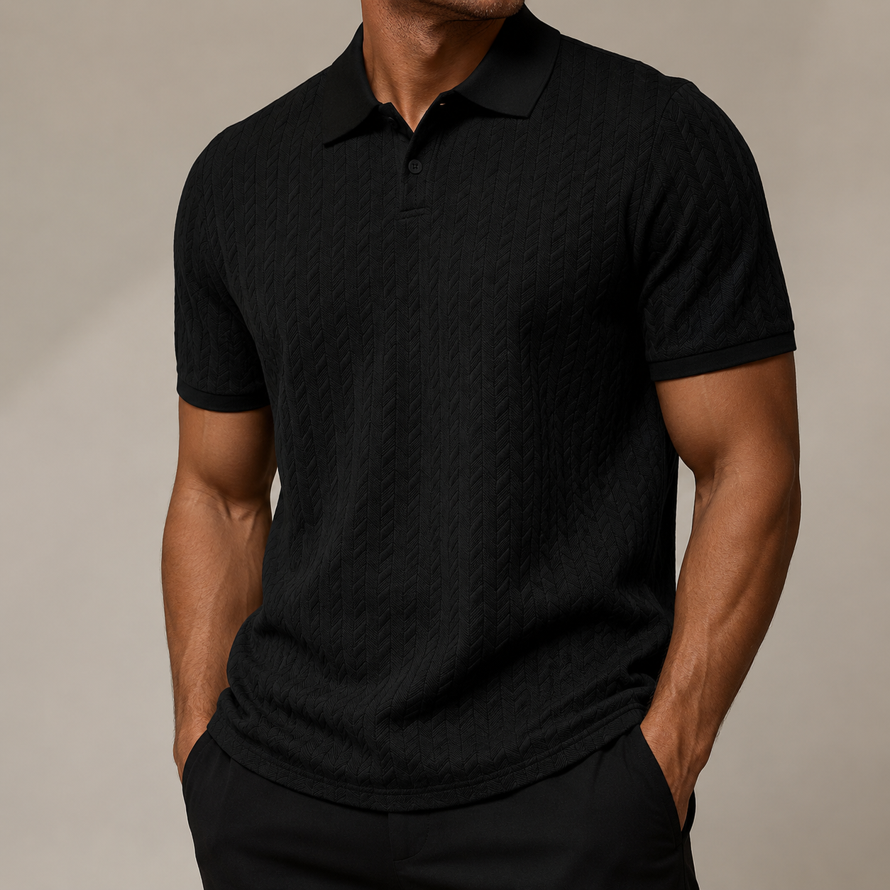 Ken - Men's Cable Knit Polo Shirt with Ribbed Collar - Black
