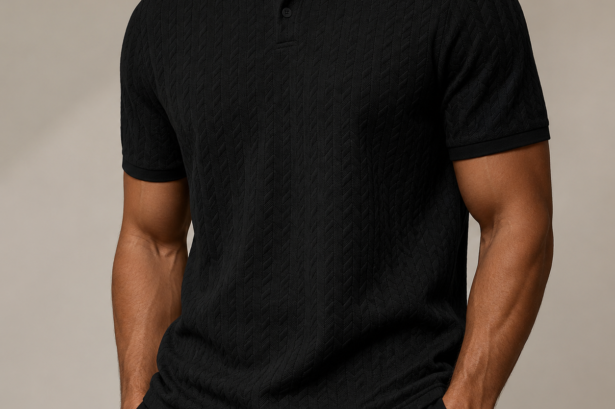 Ken - Men's Cable Knit Polo Shirt with Ribbed Collar - Black