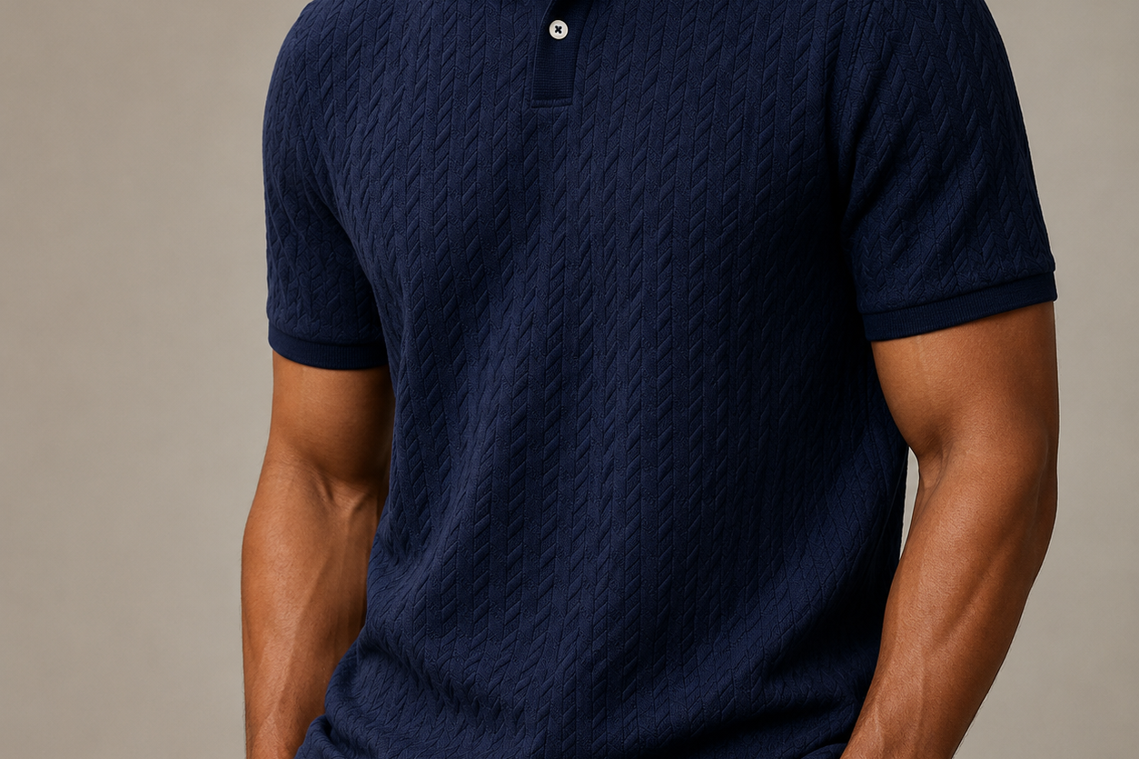 Ken - Men's Cable Knit Polo Shirt with Ribbed Collar - Navy